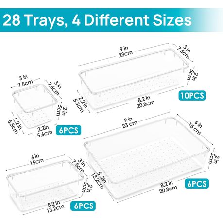 Cart In Mart 28 Piece Clear Acrylic Plastic Drawer Organizer Set 4 Sizes For Cosmetics