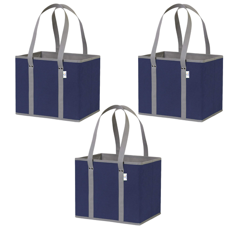 3 Pack Reusable Grocery Bags Large Tote Folding Shopping Bag-Navy Blue