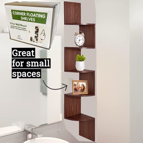Cart In Mart 5 Tier Floating Corner Shelves For Wall Hanging Bookshelf DÃecor - 123cm Long - Deep Walnut - 123.0 cm