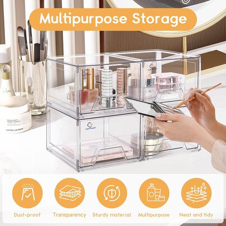 Cart In Mart Clear Acrylic Storage Drawer Bins Stackable Multipurpose Organizers-4 Pack