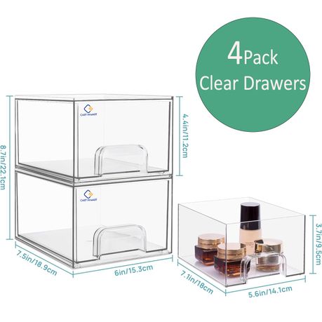 Cart In Mart Clear Acrylic Storage Drawer Bins Stackable Multipurpose Organizers-4 Pack