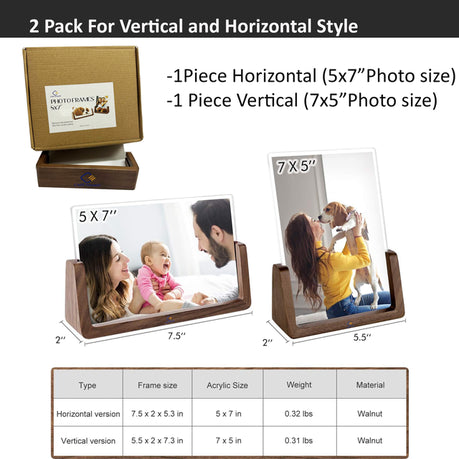 Cart In Mart 2 Pack Photo 5x7" Horizontal & Vertical Family Picture Frames-Walnut Wood