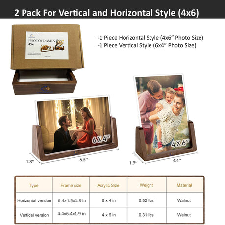 Cart In Mart 2 Pack 6x4" Photo Horizontal & Vertical Family Picture Frames-Walnut Wood