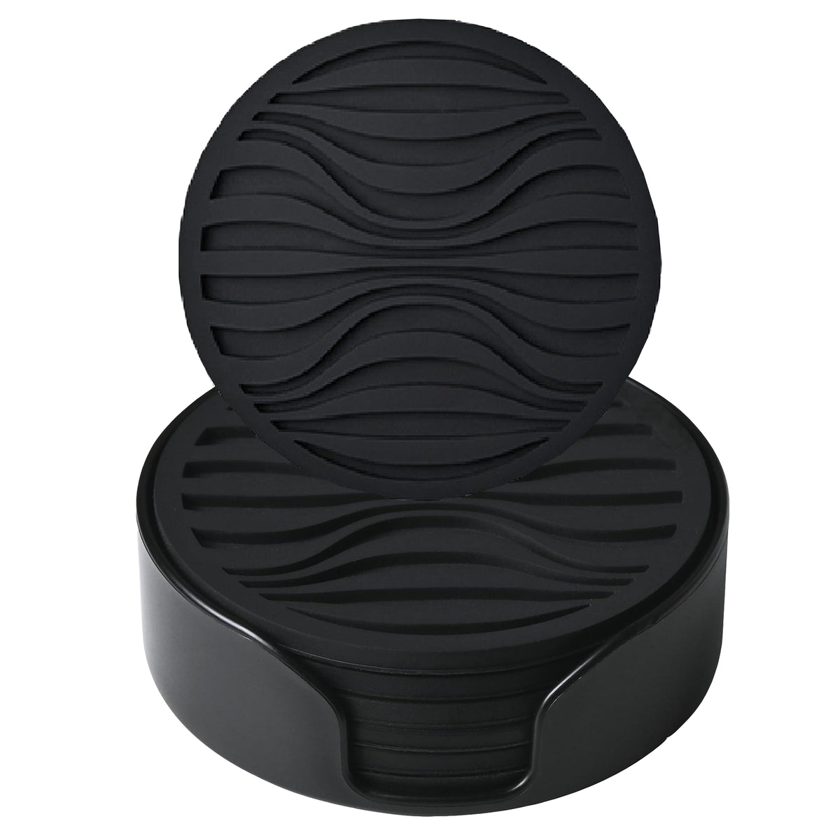Cart In Mart 6 Pack Silicone Coasters Set With Holder For Drink Cup Barware - Black