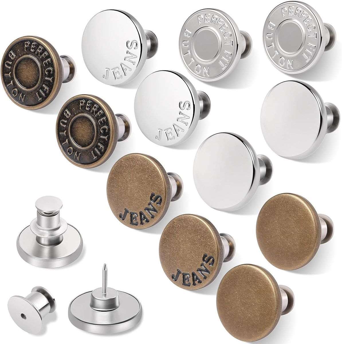 12 Pack Button Pins for Loose Jeans No Sew Snap Tack Instant Replacement
