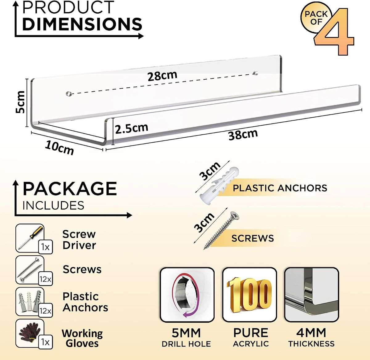 4 Pack Clear Acrylic Shelves For Wall Storage Decor DIY Floating Shelf