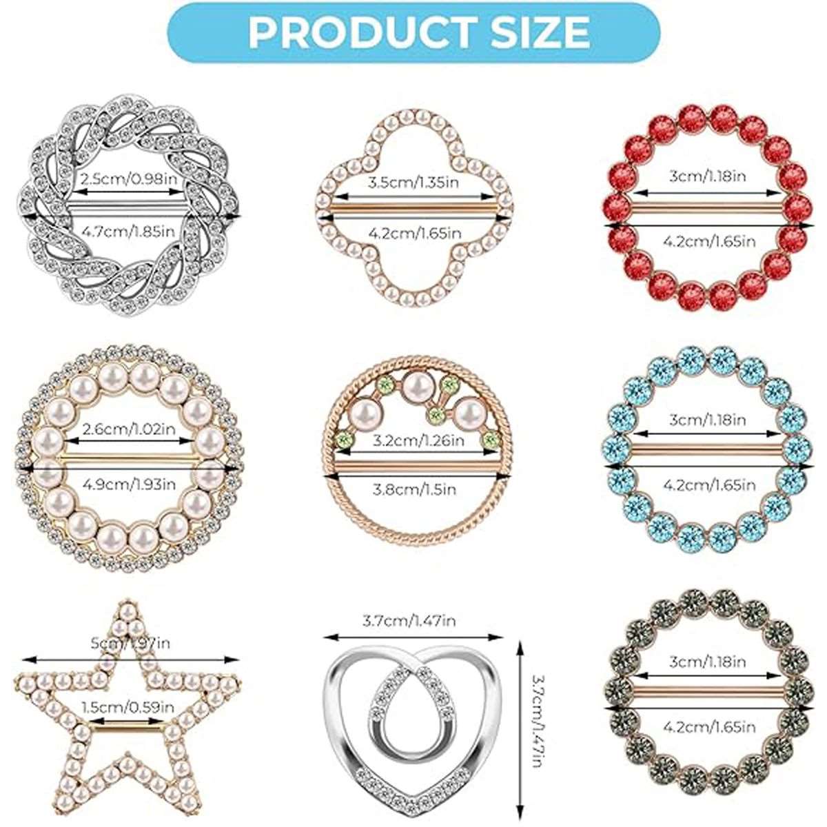 9 Pack T-Shirt Scarf Clips & Clothes Corner Knotted Button Pearl Rhinestone