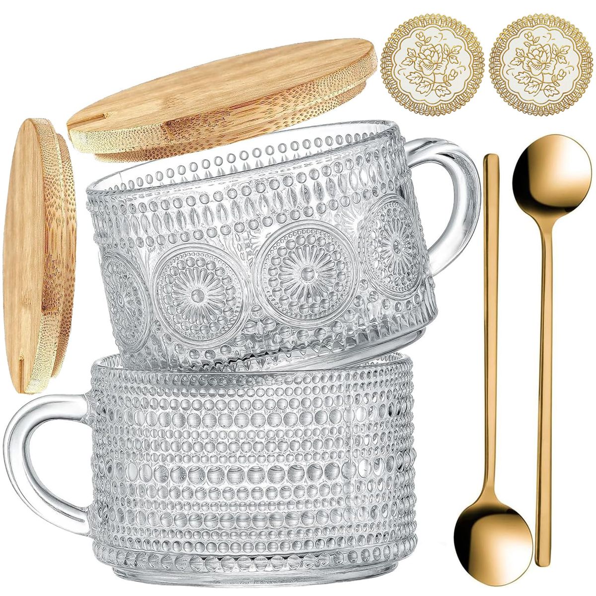 Cart In Mart 2 Pack Vintage Glass Coffee Mugs Overnight Oats Container Gift Set