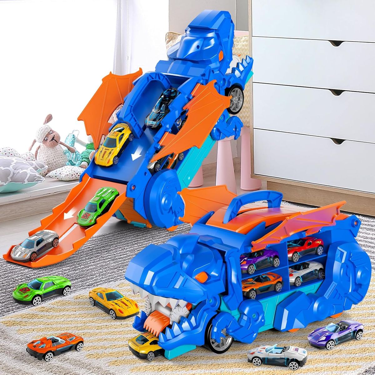 Cart In Mart Dinosaur Transporter Truck With 10 Die-Cast Cars Toddler Toys For Kids