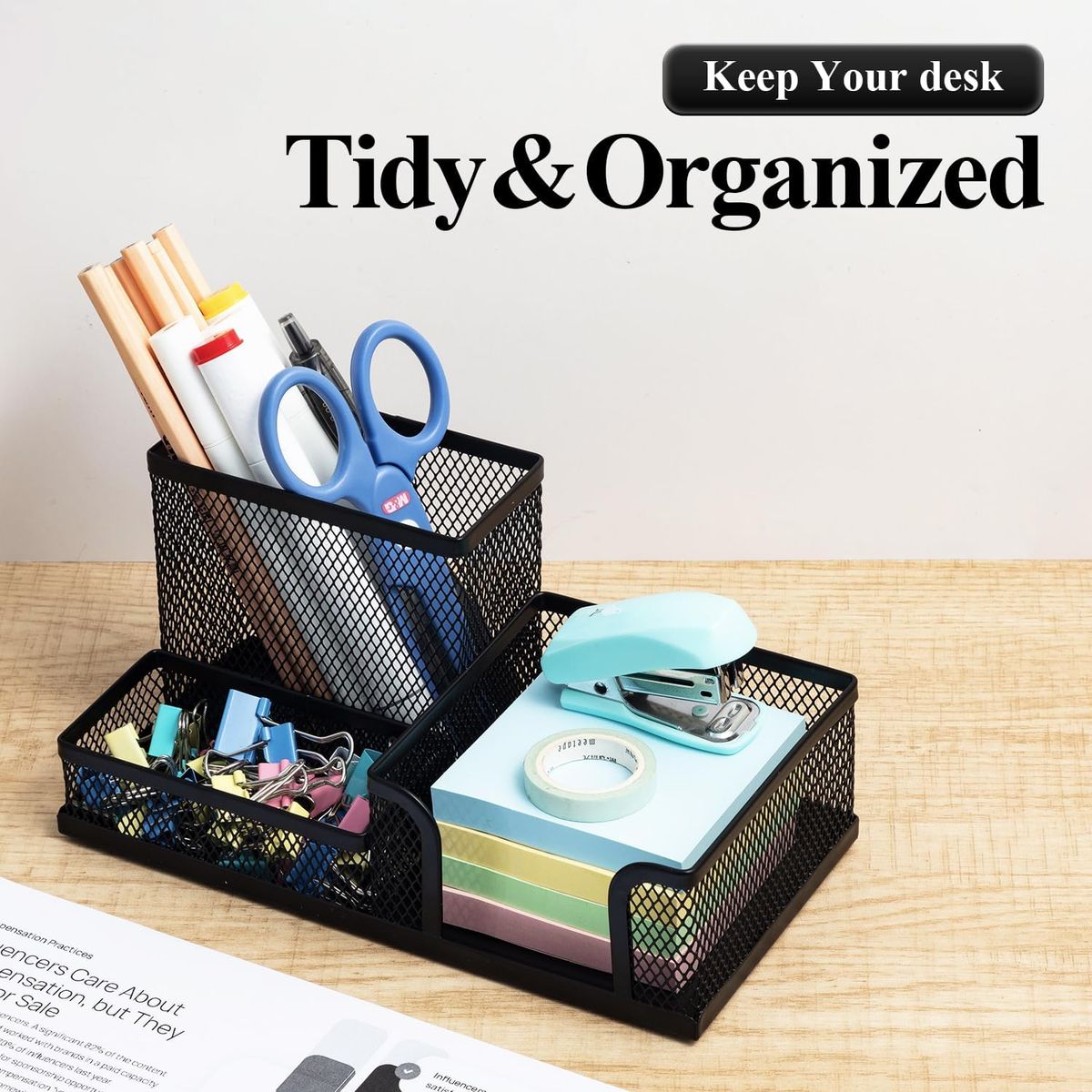Cart In Mart Mesh Desk Organisers Pencil Pen Holder For Office- 3 Compartments-Black