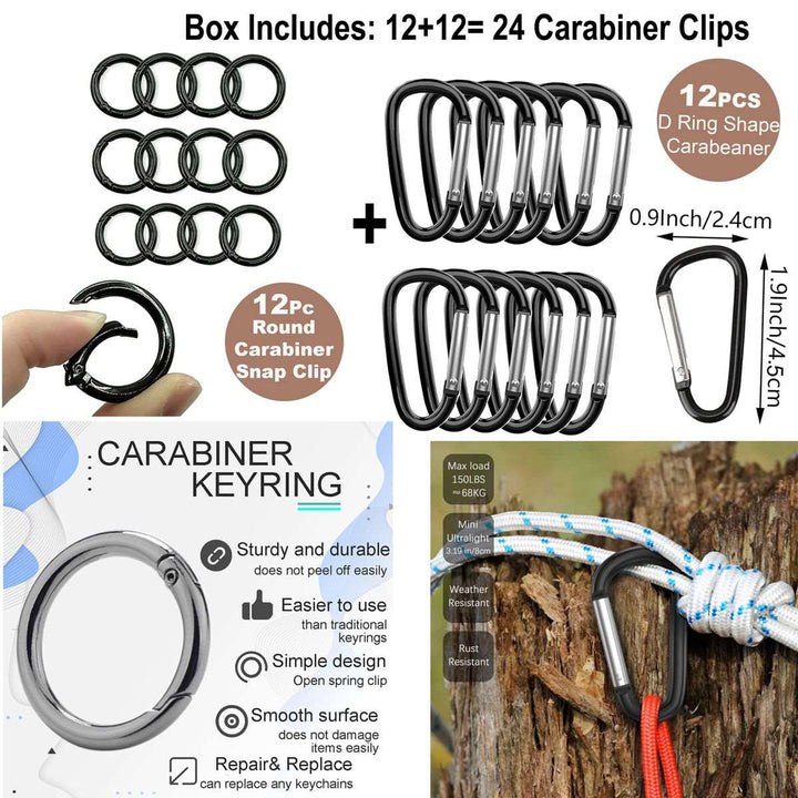24 Pack Carabiner D Ring & O Rings Clip Keychain Purse Snap Hooks
