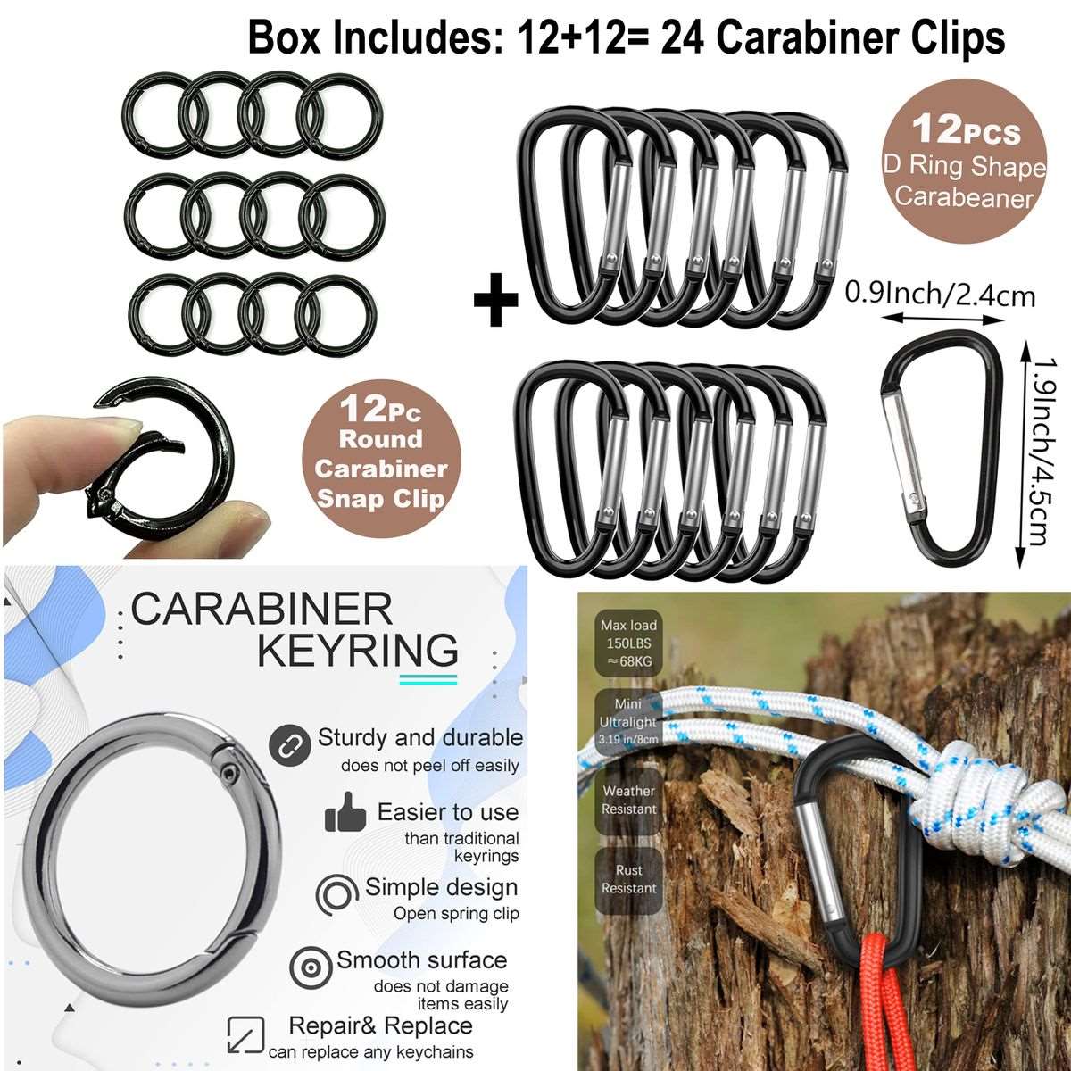 24 Pack Carabiner D Ring & O Rings Clip Keychain Purse Snap Hooks