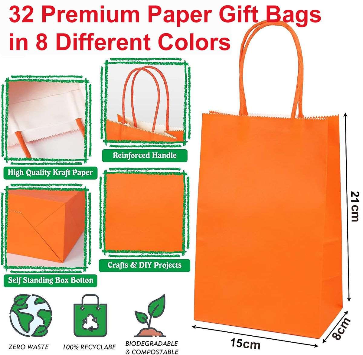 32 Pack Kraft Paper Gift Bags Bulk Party Favour In 8 Colours -Small