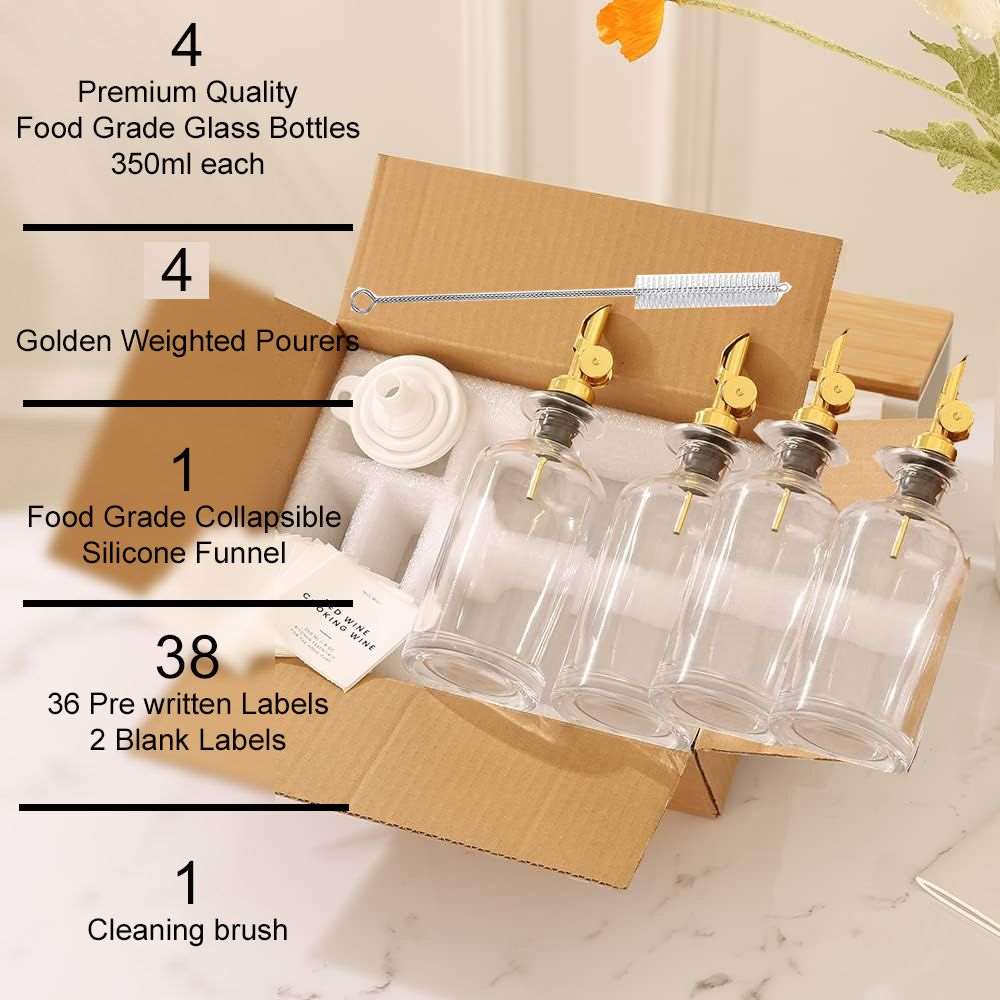 4 Pack Glass Olive Oil & Vinegar Dispenser Coffee Syrup Bottle Set -350ml