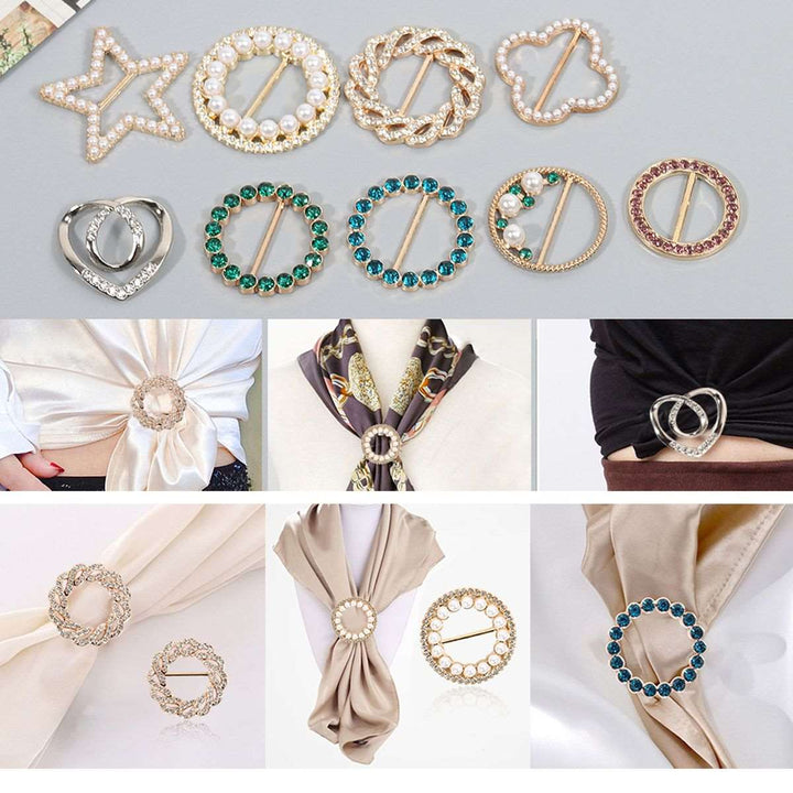 9 Pack T-Shirt Scarf Clips & Clothes Corner Knotted Button Pearl Rhinestone