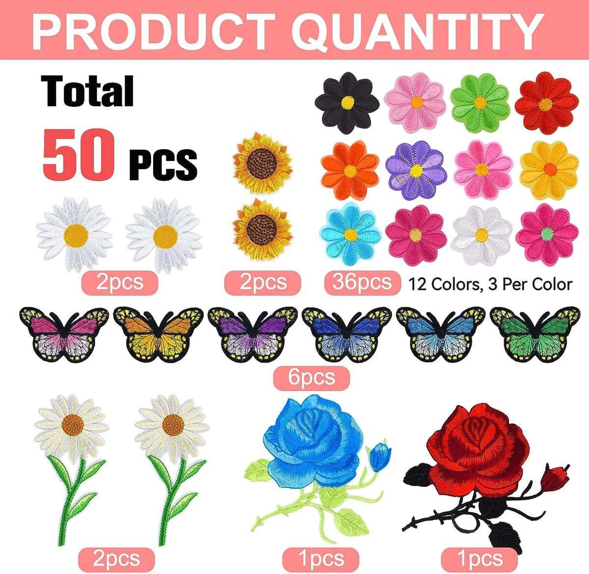 50 Pack Flower Iron on Repair Patch For Jeans Denim Fabric With Needle