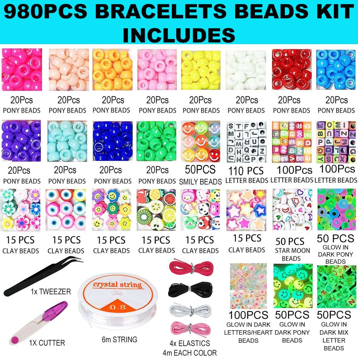 980Pcs Glow in Dark Pony Beads Jewllery Making Kit