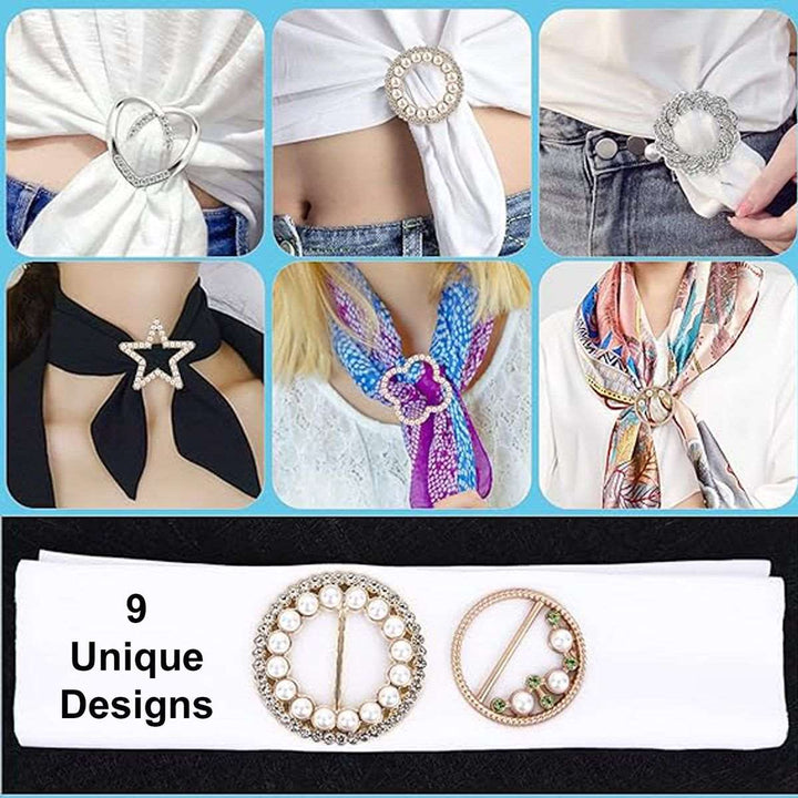 9 Pack T-Shirt Scarf Clips & Clothes Corner Knotted Button Pearl Rhinestone