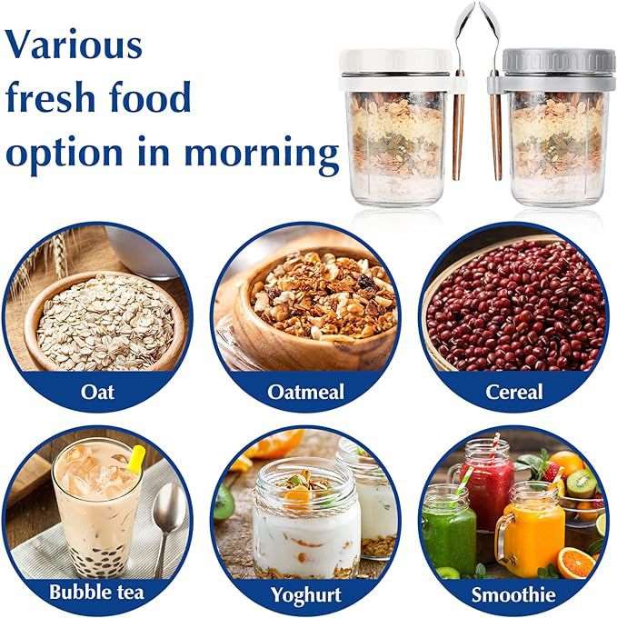4 Pack Overnight Oats Jars Glass Airtight Cereal Containers & Spoons - 350ml