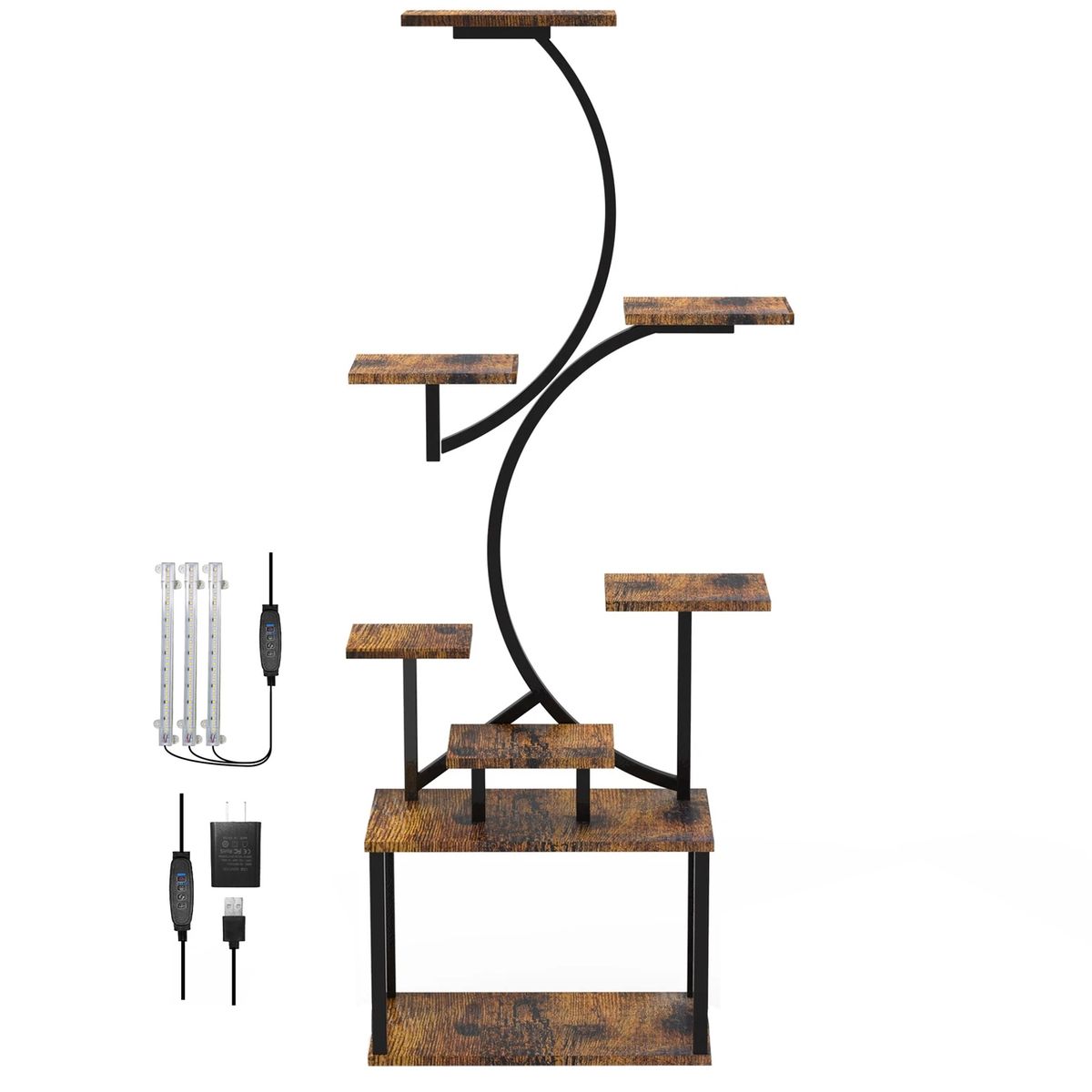 8 Tier Plant Stand With LED Grow Lights For Indoor Wood & Metal-156cm