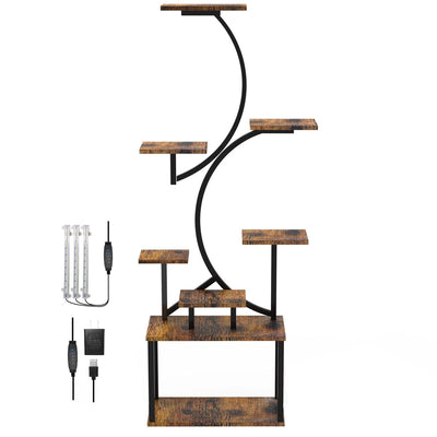 8 Tier Plant Stand With LED Grow Lights For Indoor Wood & Metal-156cm