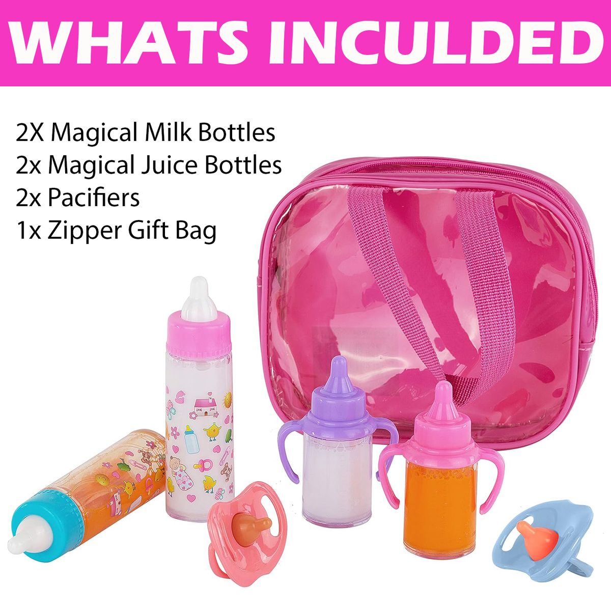 Cart In Mart Pretend Play Magical Baby Doll Milk Feeder Bottles Toy Set For Girls - 7 Piece