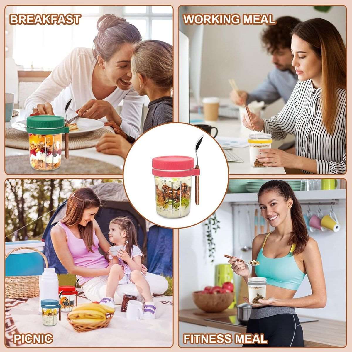 4 Pack Overnight Oats Jars Glass Airtight Cereal Containers & Spoons - 350ml