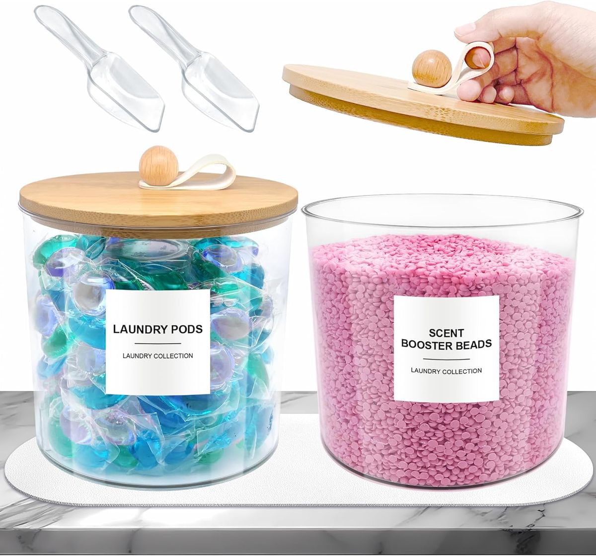 Cart In Mart Acrylic Jars and Dryer Sheet Holder With Bamboo Lids Laundry Room Organiser