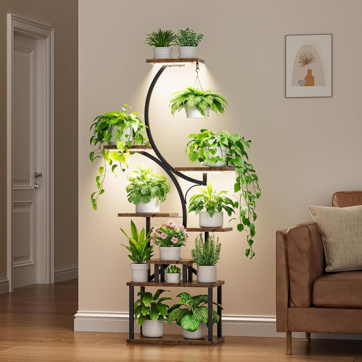 8 Tier Plant Stand With LED Grow Lights For Indoor Wood & Metal-156cm