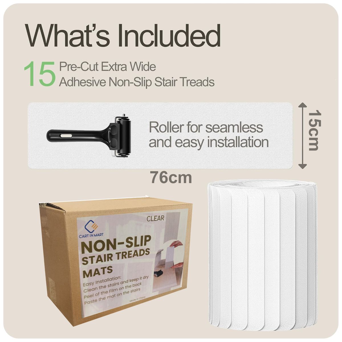 Cart In Mart 15 Pack Clear Non-Slip Stair Tape Traction Grip To Tubs Boats-76x15cm