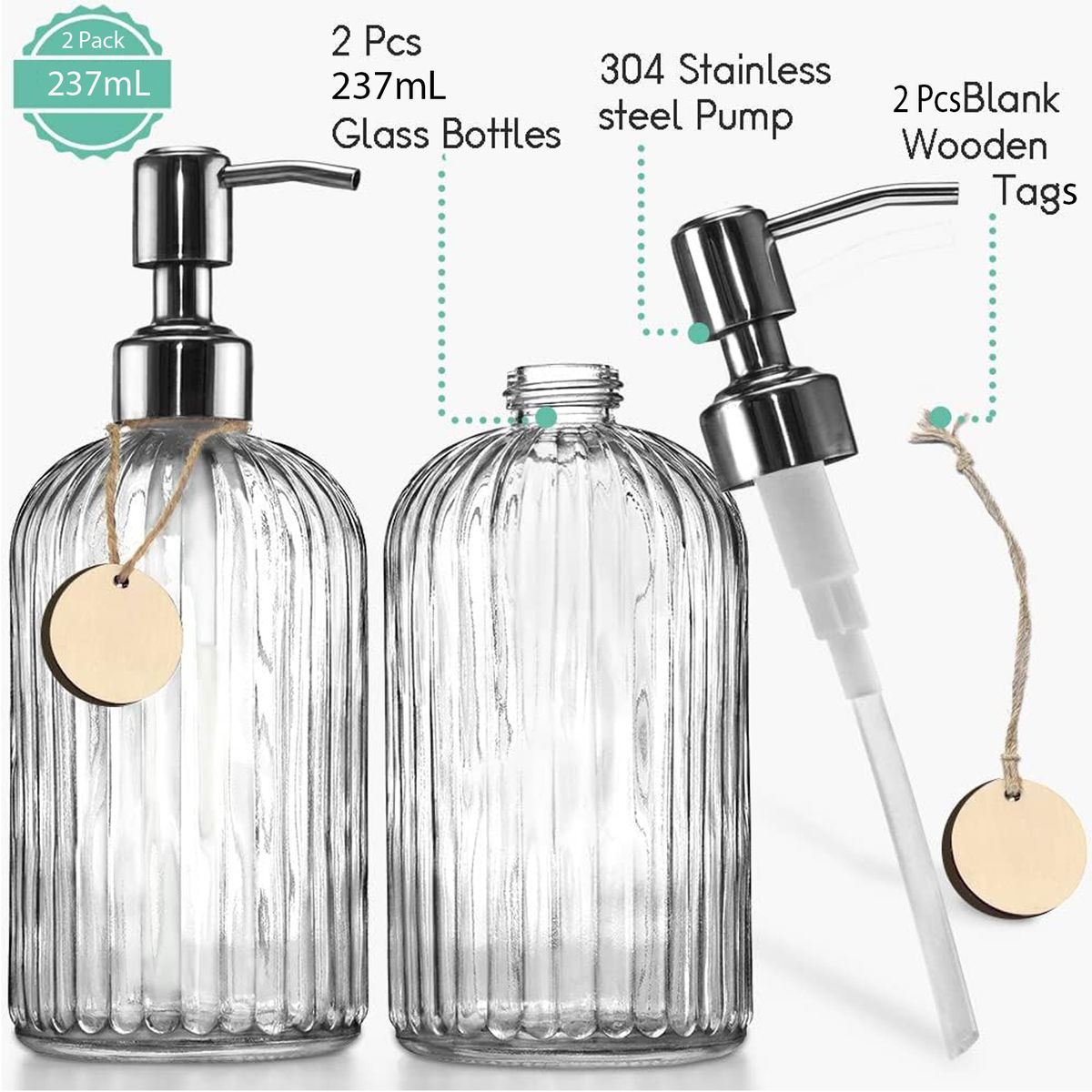 Cart In Mart 2 Pack Glass Soap Dispenser Clear Refillable Stainless Steel Pump &Tags