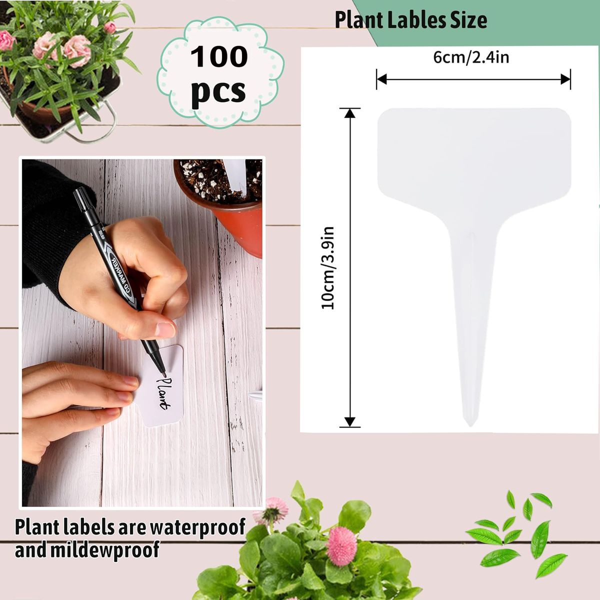 Cart In Mart 100 Piece Waterproof Plastic Plant Name Labels Garden Tags & Marker-10cm