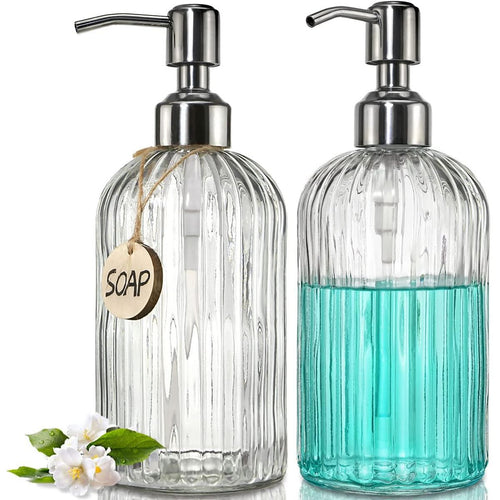 Cart In Mart 2 Pack Glass Soap Dispenser Clear Refillable Stainless Steel Pump &Tags
