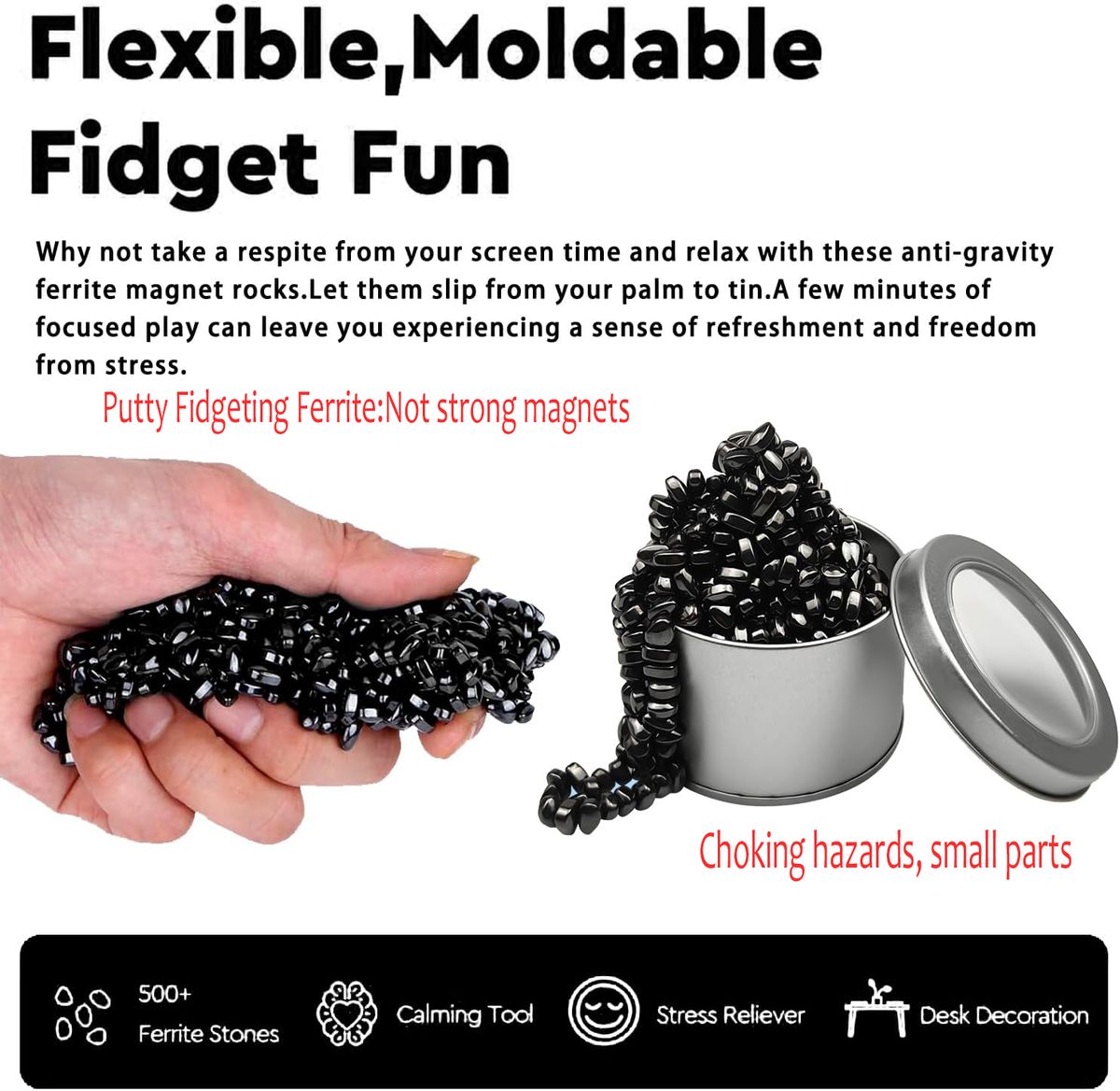 Cart In Mart | 500 Piece Ferrite Putty Fidget Toy Stones In Tin