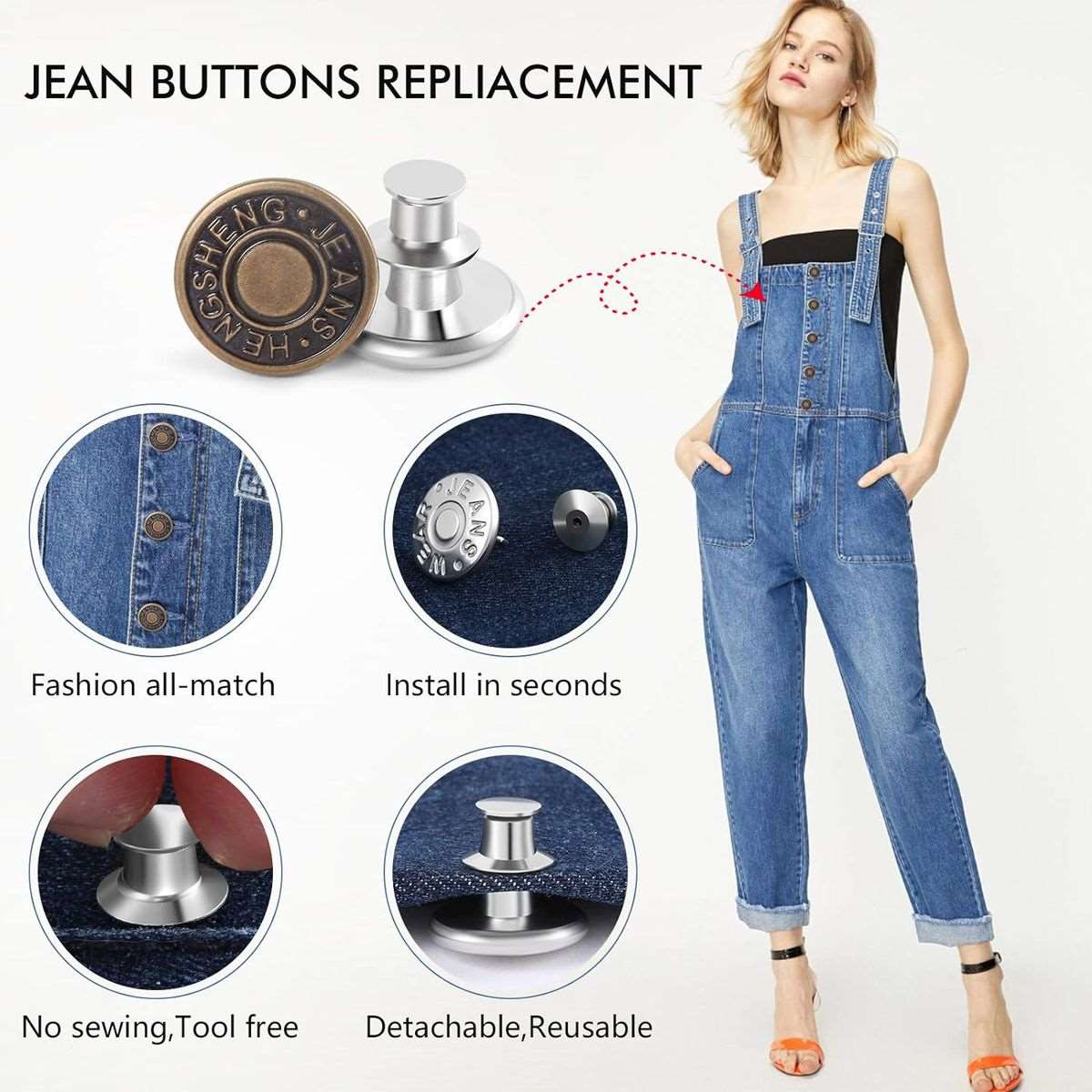 12 Pack Button Pins for Loose Jeans No Sew Snap Tack Instant Replacement