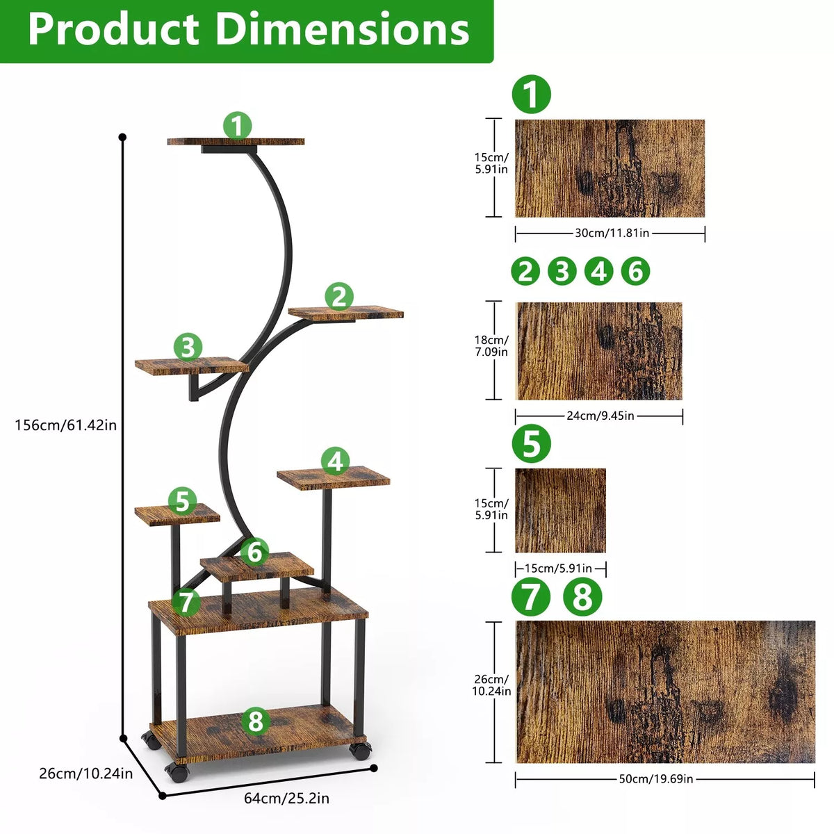 8 Tier Plant Stand With LED Grow Lights For Indoor Wood & Metal-156cm