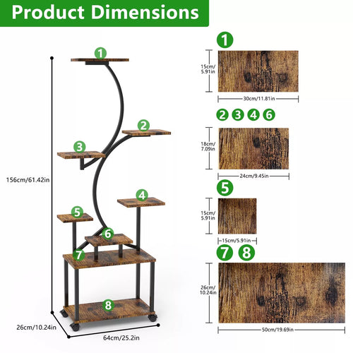 8 Tier Plant Stand With LED Grow Lights For Indoor Wood & Metal-156cm