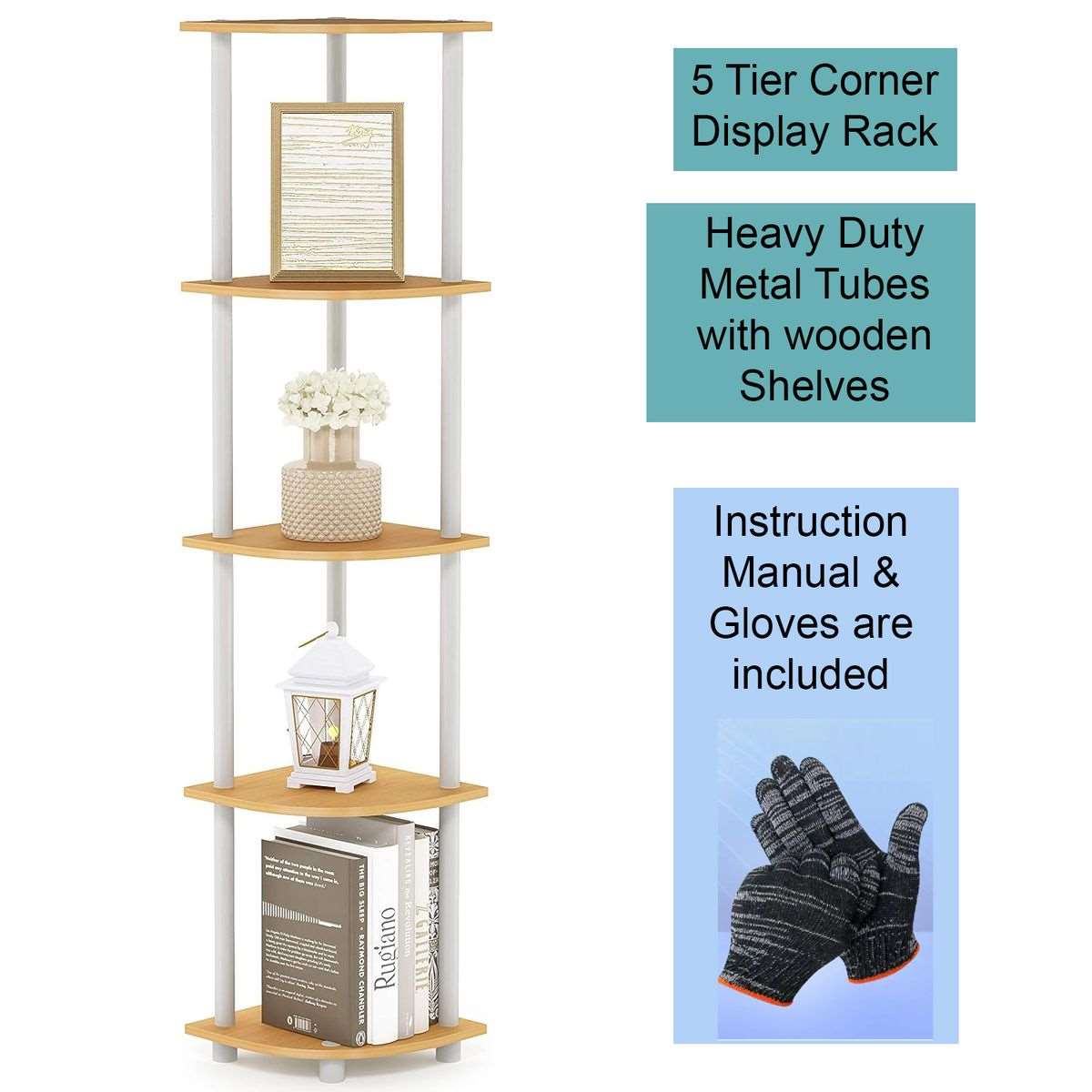 5 Tier Corner Shelf Plant Display Stand Shelves- Beech White