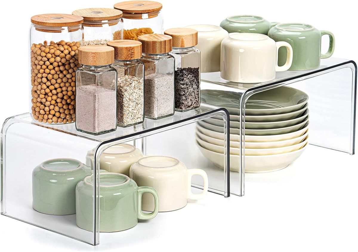 2 Pack Clear Cabinet Spice Organiser Shelf For Kitchen Countertop Desk