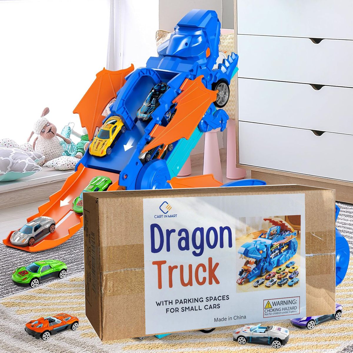 Cart In Mart Dinosaur Transporter Truck With 10 Die-Cast Cars Toddler Toys For Kids