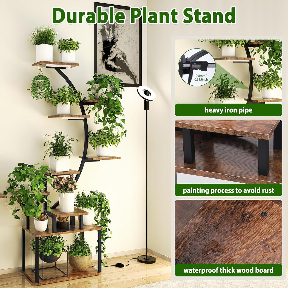 8 Tier Plant Stand With LED Grow Lights For Indoor Wood & Metal-156cm
