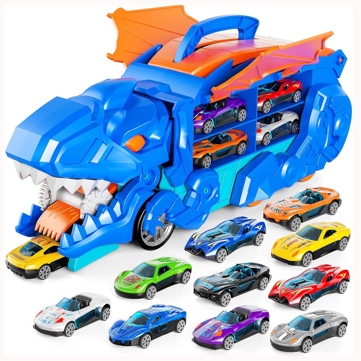 Cart In Mart Dinosaur Transporter Truck With 10 Die-Cast Cars Toddler Toys For Kids
