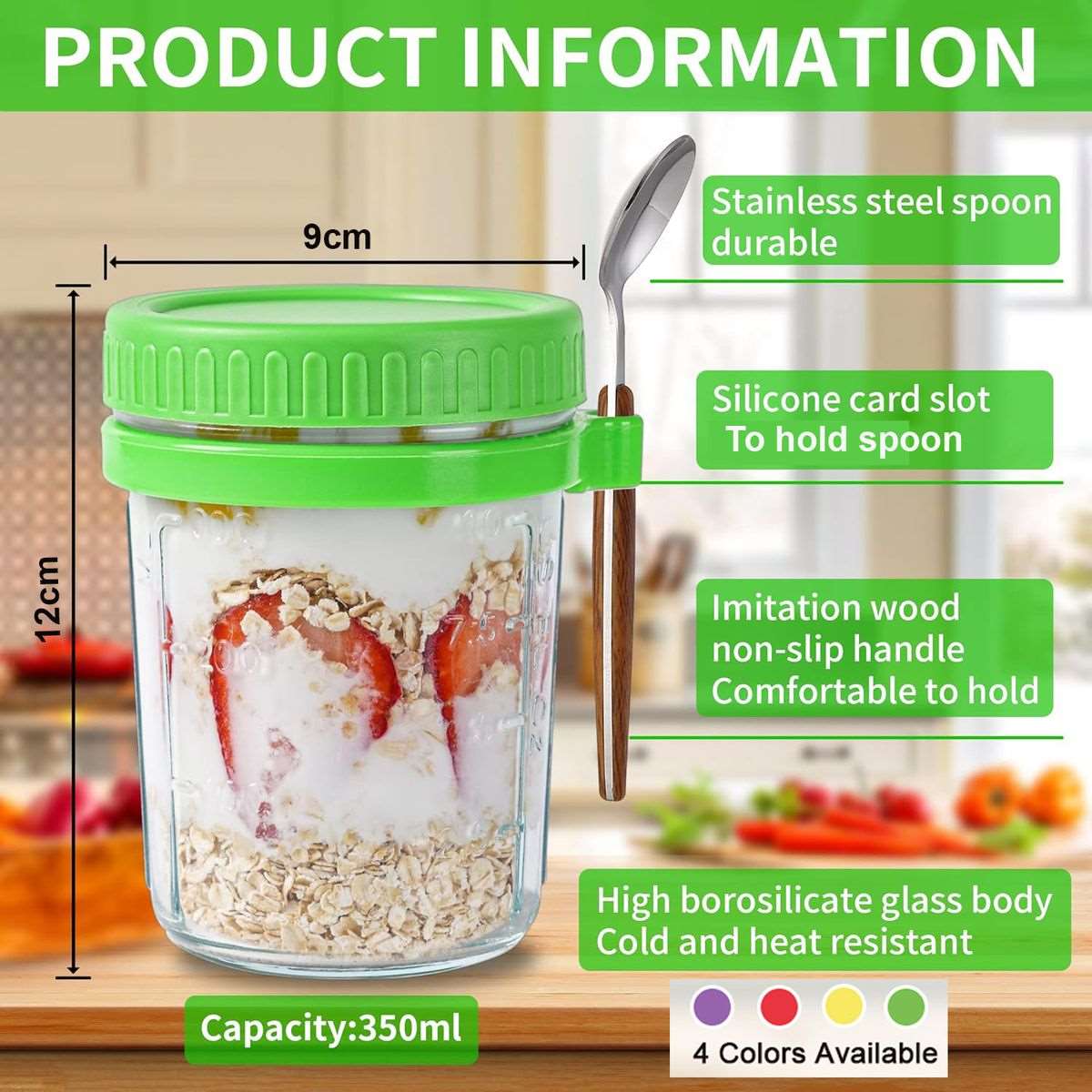 4 Pack Overnight Oats Jars Glass Airtight Cereal Containers & Spoons - 350ml