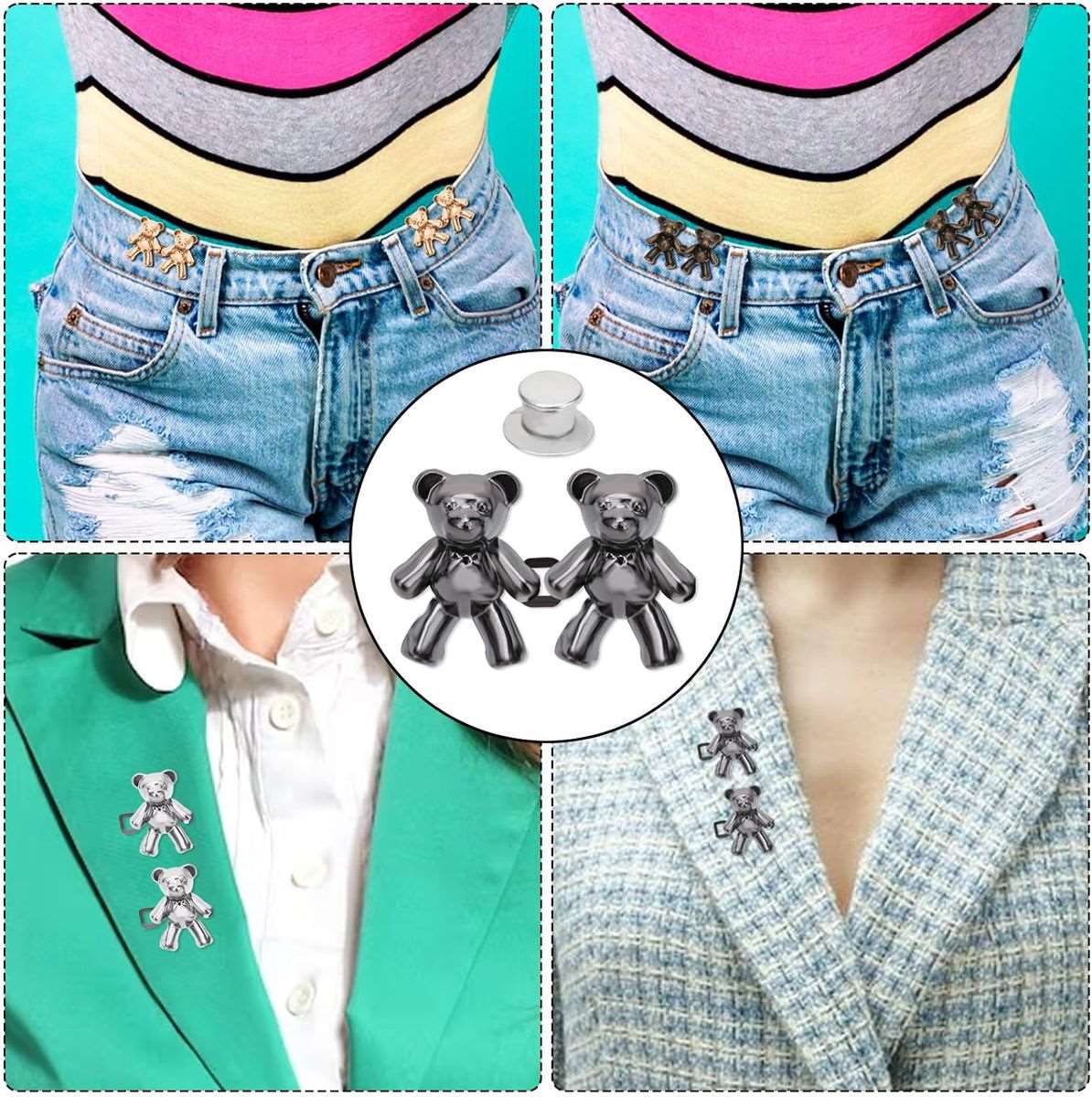 8 Pairs Bear Jeans Pant Waist Tightener Adjustable Buttons Pins Clips
