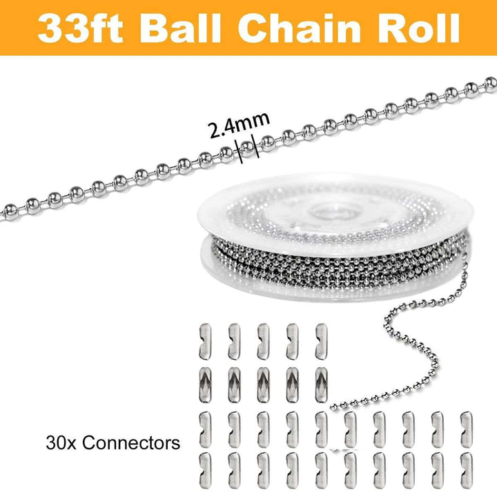 33 Feet Stainless Steel Silver Ball Chains Necklace & Connector Clasps