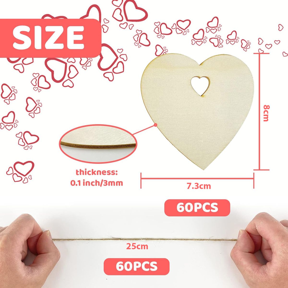 Cart In Mart 60Pcs Wooden Heart Blank Wood Slices Craft DIY