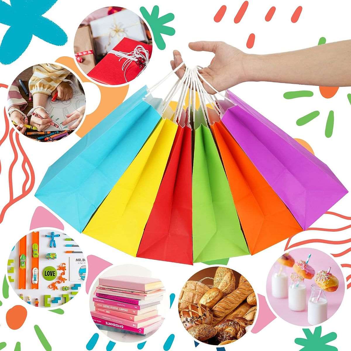 32 Pack Kraft Paper Gift Bags Bulk Party Favour In 8 Colours -Small