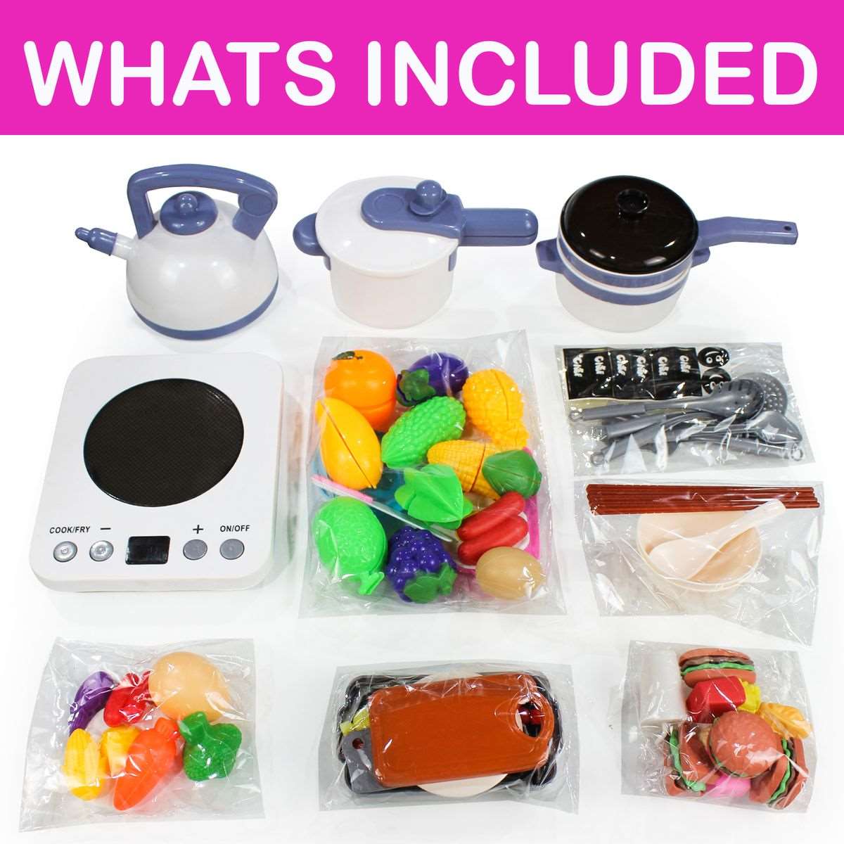 64 Piece Pretend Play Kitchen Fruit Food Cutting Set Toys Pot Stove