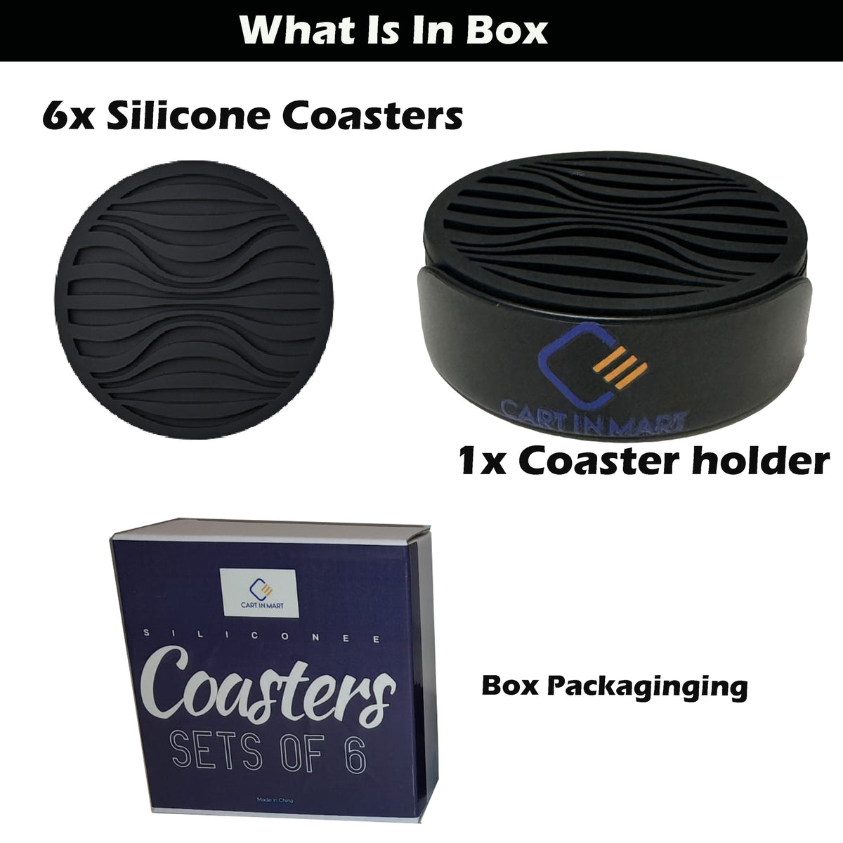 Cart In Mart 6 Pack Silicone Coasters Set With Holder For Drink Cup Barware - Black