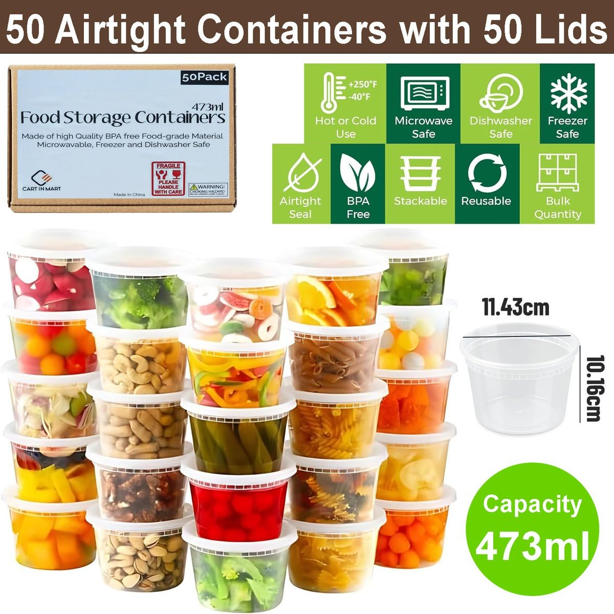 Cart In Mart 50-Pack Deli Food Storage Containers With Lids For Soup,Meal Prep-475ml